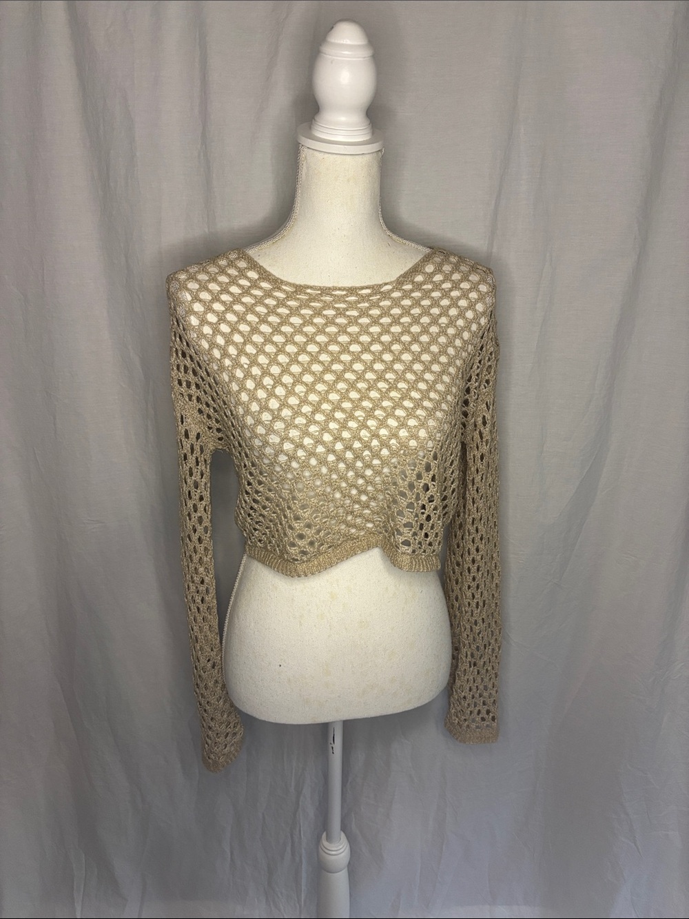 Beige Open-Knit Cropped Boho Bell Sleeves Hippie Women’s Top (33)